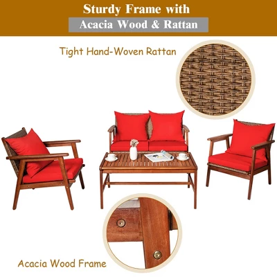 Costway 4PCS Patio Rattan Furniture Set Acacia Wood Frame Cushioned Sofa Chair 6 Costway 4PCS Patio Rattan Furniture Set Acacia Wood Frame Cushioned Sofa Chair - Image 6