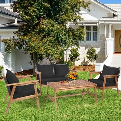 Costway 8PCS Patio Rattan Furniture Set Wooden Cushioned Sofa With Black & Turquoise Cover 3 Costway 8PCS Patio Rattan Furniture Set Wooden Cushioned Sofa With Black & Turquoise Cover - Image 3