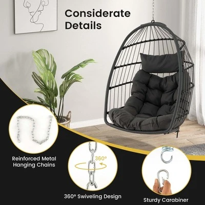 Costway Hanging Egg Chair Wicker Swing Hammock Chair With Head Pillow & Seat Cushion Gray 9 Costway Hanging Egg Chair Wicker Swing Hammock Chair With Head Pillow & Seat Cushion Gray - Image 9