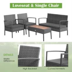 Costway 4PCS Patio Rattan Furniture Set Cushioned Chair Wooden Tabletop Gray -Costway GUEST a4efef66 bae4 49b4 838d d7d5acadba1e