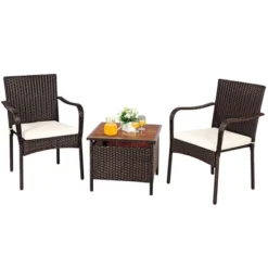 Costway 3PCS Patio Rattan Furniture Bistro Set Wood Side Table Stackable Chair -Costway GUEST a5133b18 7f35 4606 8f63 428e591bafbd