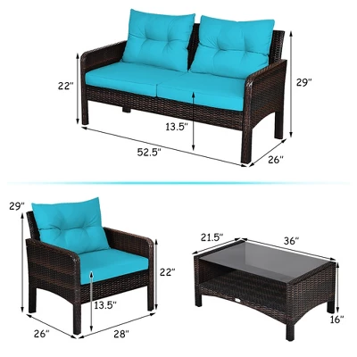 Costway 8PCS Patio Rattan Sectional Furniture Set Loveseat Sofa Coffee Table W/Turquoise Cushion 2 Costway 8PCS Patio Rattan Sectional Furniture Set Loveseat Sofa Coffee Table W/Turquoise Cushion - Image 2