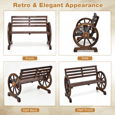 Costway Outdoor Wooden Wagon Wheel Garden Bench 2-Person Slatted Seat Armrests Rustic 8 Costway Outdoor Wooden Wagon Wheel Garden Bench 2-Person Slatted Seat Armrests Rustic - Image 8