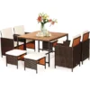 Costway 9PCS Acacia Wood Patio Rattan Dining Set Cushioned Chairs Ottoman