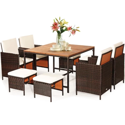 Costway 9PCS Acacia Wood Patio Rattan Dining Set Cushioned Chairs Ottoman 1 Costway 9PCS Acacia Wood Patio Rattan Dining Set Cushioned Chairs Ottoman