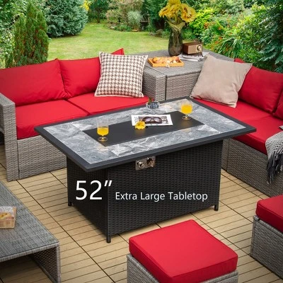 Costway 52'' Propane Fire Pit Table Marble Tabletop Rattan Wicker W/ Rain Cover Lava Rock 2 Costway 52'' Propane Fire Pit Table Marble Tabletop Rattan Wicker W/ Rain Cover Lava Rock - Image 2
