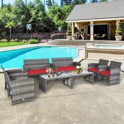Costway 8PC Patio Rattan Furniture Set Glass Table Top Cushioned Sofa TurquoiseRed -Costway GUEST ab07c980 cfa8 4718 84a8 ec9ec38d62f9
