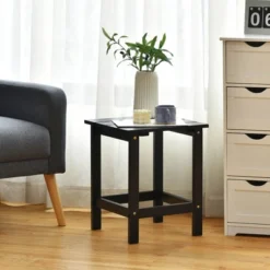 Costway 2 PCS Patio 15'' End Side Coffee Table Square Wooden Slat Deck WhiteBlackGray