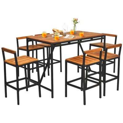 Costway 7PCS Patio Rattan Bar Set Acacia Wood Frame Stools Table Umbrella Hole 9 Costway 7PCS Patio Rattan Bar Set Acacia Wood Frame Stools Table Umbrella Hole - Image 9