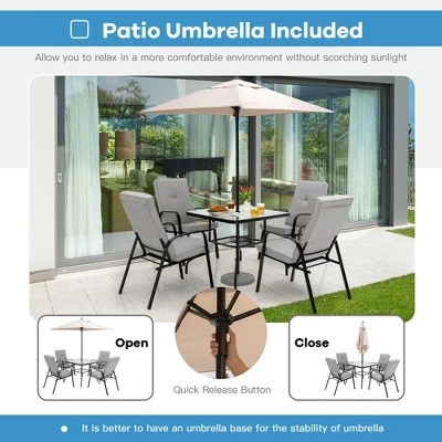 Costway 6PCS Patio Dining Set Stackable Chairs Cushioned Glass Table W/Umbrella 4 Costway 6PCS Patio Dining Set Stackable Chairs Cushioned Glass Table W/Umbrella - Image 4