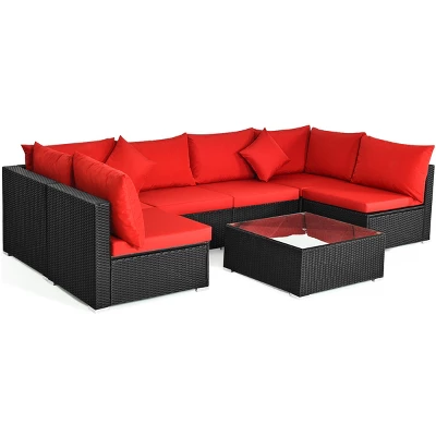 Costway 7PCS Rattan Patio Conversation Set Sectional Furniture Set W/ Red Cushion 6 Costway 7PCS Rattan Patio Conversation Set Sectional Furniture Set W/ Red Cushion - Image 6