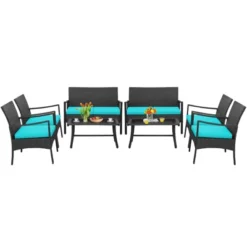Costway 8PCS Patio Wicker Furniture Set Cushioned Chairs& Loveseat With Coffee Table Garden