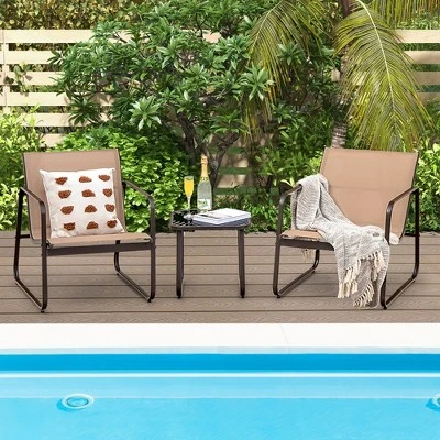 Costway 3 Pieces Patio Conversation Set Outdoor Metal Chair & Table Tempered Glass Top 1 Costway 3 Pieces Patio Conversation Set Outdoor Metal Chair & Table Tempered Glass Top