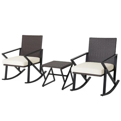 Costway 3PCS Patio Rattan Wicker Rocking Chairs Table Bistro Set Cushioned Rocker Garden 9 Costway 3PCS Patio Rattan Wicker Rocking Chairs Table Bistro Set Cushioned Rocker Garden - Image 9