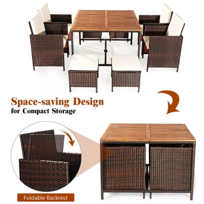 Costway 9PCS Acacia Wood Patio Rattan Dining Set Cushioned Chairs Ottoman 5 Costway 9PCS Acacia Wood Patio Rattan Dining Set Cushioned Chairs Ottoman - Image 5