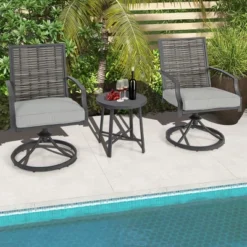 Costway 3 PCS Patio Swivel Chair Set Coffee Table Wicker Cushioned Seat Balcony Porch