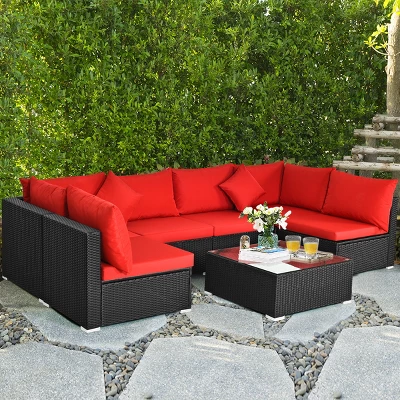 Costway 7PCS Rattan Patio Conversation Set Sectional Furniture Set W/ Red Cushion 1 Costway 7PCS Rattan Patio Conversation Set Sectional Furniture Set W/ Red Cushion