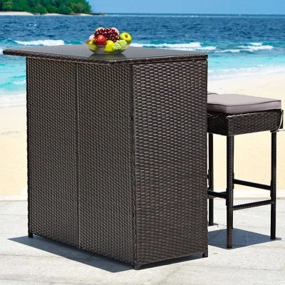Costway Patio 3PCS Rattan Bar Table Stool Set Cushioned Chairs With Cover 8 Costway Patio 3PCS Rattan Bar Table Stool Set Cushioned Chairs With Cover - Image 8