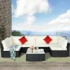 Costway 7PCS Patio Rattan Furniture Set Sectional Sofas Off White & Navy Cushion Covers