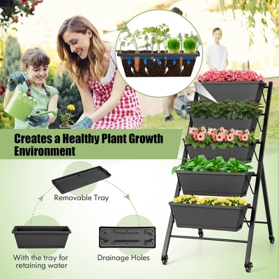 Costway 5-Tier Vertical Raised Garden Bed Elevated Planter With Wheels & Container Boxes Black 6 Costway 5-Tier Vertical Raised Garden Bed Elevated Planter With Wheels & Container Boxes Black - Image 6