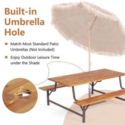 Costway Acacia Wood Patio Picnic Table Bench Set With 71'' Tabletop & 2'' Umbrella Hole 6 Costway Acacia Wood Patio Picnic Table Bench Set With 71'' Tabletop & 2'' Umbrella Hole - Image 6