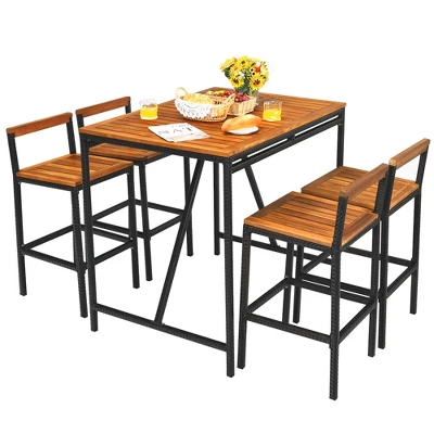 Costway 5PCS Patio Rattan Bar Table Stool Set Acacia Wood Top W/Umbrella Hole 2 Costway 5PCS Patio Rattan Bar Table Stool Set Acacia Wood Top W/Umbrella Hole - Image 2