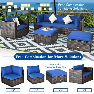 Costway 6PCS Patio Rattan Furniture Set Sofa Coffee Table Ottoman Navy 9 Costway 6PCS Patio Rattan Furniture Set Sofa Coffee Table Ottoman Navy - Image 9