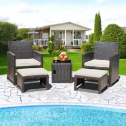 Costway 5PCS Patio Rattan Furniture Set Ottoman Cushioned W/Cover Space Saving Off White/Gray/Red/Turquoise -Costway GUEST b3c85f15 eeab 4656 8547 e2f14ddbabe5