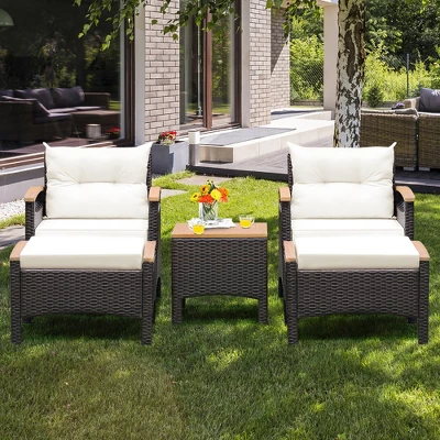 Costway 5PCS Patio Rattan Furniture Set Sofa Ottoman Cushioned Table W/Wood Top 2 Costway 5PCS Patio Rattan Furniture Set Sofa Ottoman Cushioned Table W/Wood Top - Image 2
