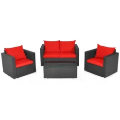 Costway 4PCS Patio Rattan Furniture Set Cushioned Sofa Chair Coffee Table Garden Red