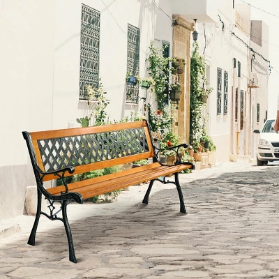 49 1/2'' Patio Park Garden Bench Porch Path Chair Outdoor Deck Cast Iron Hardwood 3 49 1/2'' Patio Park Garden Bench Porch Path Chair Outdoor Deck Cast Iron Hardwood - Image 3