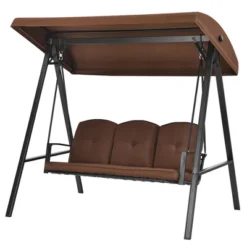 Costway Outdoor 3-Seat Porch Swing With Adjust Canopy And Cushions GrayBrown