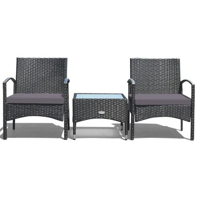 Costway 3 PCS Patio Wicker Rattan Furniture Set Coffee Table & 2 Rattan Chair W/Cushion 7 Costway 3 PCS Patio Wicker Rattan Furniture Set Coffee Table & 2 Rattan Chair W/Cushion - Image 7