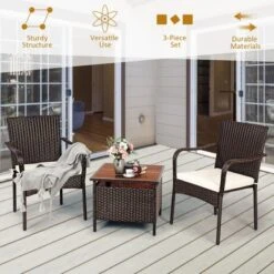 Costway 3PCS Patio Rattan Furniture Bistro Set Wood Side Table Stackable Chair -Costway GUEST b5010729 286d 4997 b32d 9aea7faae8a8