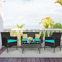 Costway 4PCS Patio Rattan Furniture Set Cushioned Sofa Coffee Table Backyard TurquoiseRed -Costway GUEST b5dc4960 b9e2 4bfd 889b 1f8942a5ff50