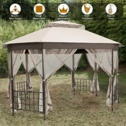 Costway 10'x12' Patio Gazebo Canopy Shelter Double Top Netting Sidewalls Beige -Costway GUEST b68b8089 c911 47a6 966b 883a39dc7ea9