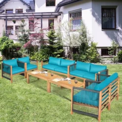 Costway 8PCS Wooden Patio Furniture Set Cushioned Sofa W/Rope Armrest WhiteTurquoiseRed 22 Costway 8PCS Wooden Patio Furniture Set Cushioned Sofa W/Rope Armrest WhiteTurquoiseRed -Costway GUEST b6961b49 f9a9 478d 8667 7c07bc04adba