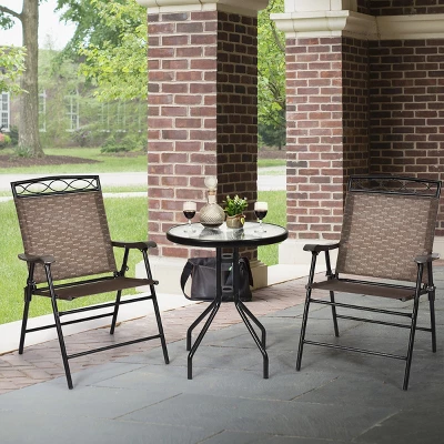 Costway 3 PCS Bistro Conversation Patio Pub Dining Set W/ 2 Folding Chairs & Glass Table 1 Costway 3 PCS Bistro Conversation Patio Pub Dining Set W/ 2 Folding Chairs & Glass Table