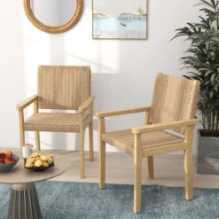 Costway Patio Chair Set Of 2/4 Rubber Wood Dining Armchairs Paper Rope Woven Seat Balcony