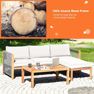 Costway 3PCS Patio Acacia Wood Sofa Furniture Set Thick Cushion W/Nylon Rope Armrest 4 Costway 3PCS Patio Acacia Wood Sofa Furniture Set Thick Cushion W/Nylon Rope Armrest - Image 4