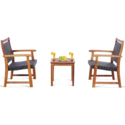 Costway 3PCS Patio Rattan Bistro Set Acacia Wood Frame Armrest Chairs Garden -Costway GUEST bb16acd1 146a 4cab 949d f4389978c428