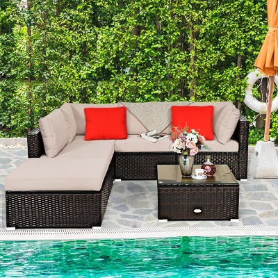 Costway 6PCS Outdoor Patio Rattan Furniture Set Cushioned Sectional Sofa Table Ottoman 4 Costway 6PCS Outdoor Patio Rattan Furniture Set Cushioned Sectional Sofa Table Ottoman - Image 4