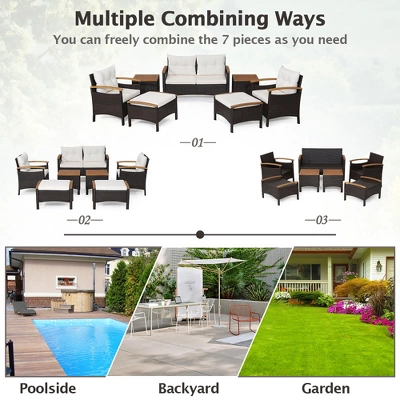 Costway 7PCS Patio Rattan Furniture Set Cushion Armrest Loveseat Ottoman Table 4 Costway 7PCS Patio Rattan Furniture Set Cushion Armrest Loveseat Ottoman Table - Image 4