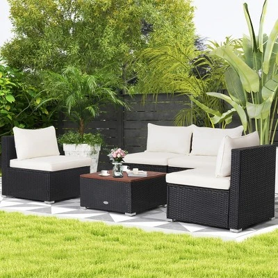 Costway 5PCS Patio Rattan Furniture Set Acacia Wood Table Top Sofa Cushion Deck 2 Costway 5PCS Patio Rattan Furniture Set Acacia Wood Table Top Sofa Cushion Deck - Image 2