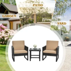 Costway 3PCS Patio Rattan Bistro Furniture Set Cushioned Sofa Chair Coffee Table Garden -Costway GUEST bc2450cf a4b8 40c2 871c a1b5f2c602d1