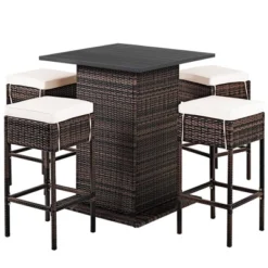Costway Patio 5PCS Rattan Bar Table Stool Set Hidden Storage Shelf Cushioned -Costway GUEST bc698145 065c 4c26 90b7 6b7c4693f41e