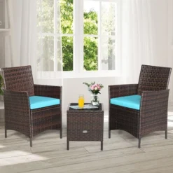 Costway 3PCS Patio Rattan Furniture Set Cushioned Sofa Glass Tabletop Deck RedBlue White