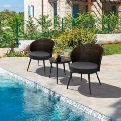 Costway 3PCS Patio Rattan Bistro Furniture Set Cushioned Chair Table Garden