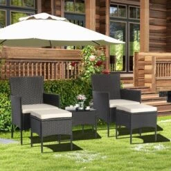 Costway 5PCS Patio Rattan Furniture Set Cushioned Sofa Ottoman Armrest Side Table Garden