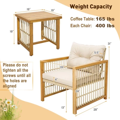 Costway 3PCS Patio PE Wicker Conversation Set Acacia Wood Frame WithSeat & Back Cushions 2 Costway 3PCS Patio PE Wicker Conversation Set Acacia Wood Frame WithSeat & Back Cushions - Image 2